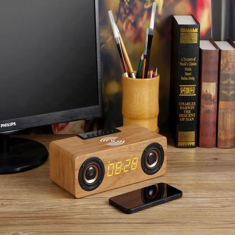 Multifunction Wooden Wireless Charger Portable HiFi Sound Fm Radio 1500mah Rechargeable BT 5.0 Wood Speaker