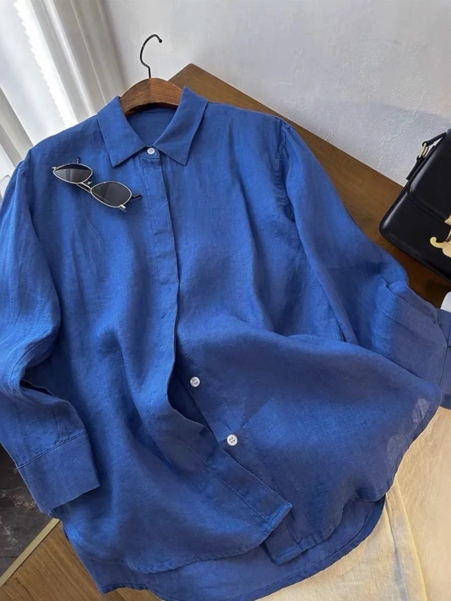 Klein Blue Linen Women's Summer Loose Lazy Style Sun Protection Shirt Lightweight Outerwear Long Sleeve Collar Pure Color