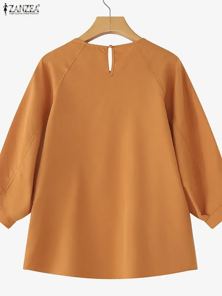 بلوزة خريفية من ZANZEA بأكمام طويلة على الطراز الكوري بلوزات نسائية بلون سادة موضة 2025 بلوفر برقبة دائرية سترة غير رسمية #5