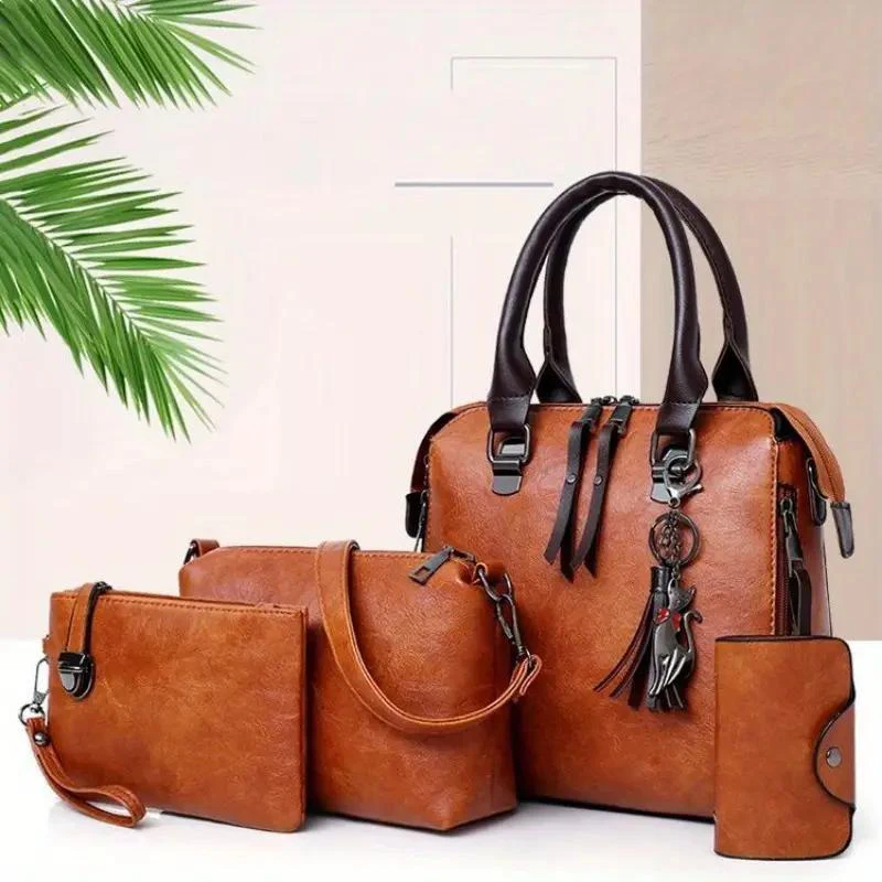 Vintage Women's Handbag Set Lychee Lattern Leather Fashion Shoulder Messenger Bag 4PC Purse