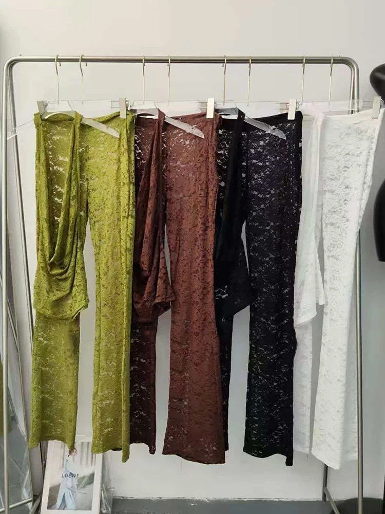 Sexy sleeveless hanging neck lace top two-piece set for 2026 summer women's clothing+knitted see through lace flared pants set