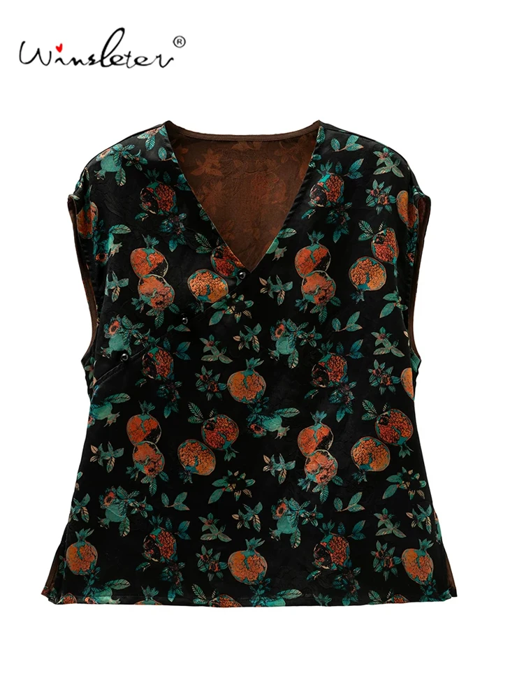 Winsleter-100%Real Silk Watered Gauze Elegant Vest, V Neck Jacquard, Women Retro Chic Commute Loose Vest, 2026 Summer T68302CC