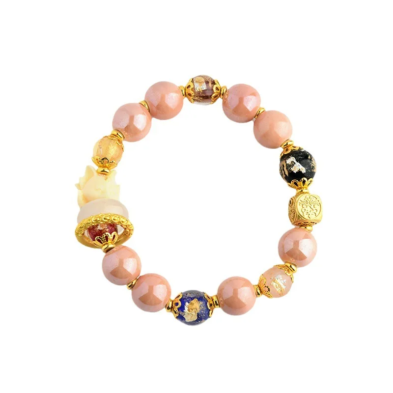 Pink Incense Ash Porcelain Gold Foil Single Strand Bracelet with Nine Tailed Fox Running Ring Women Jewelry Holiday Gift