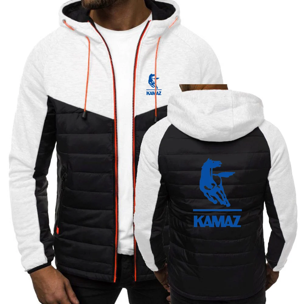 2024 Spring Autumn KAMAZ TRUCK Logo Print Solid Color Patchwork Cotton Jacket Men's Popular Drawstring Design Hooded Trendy Coat