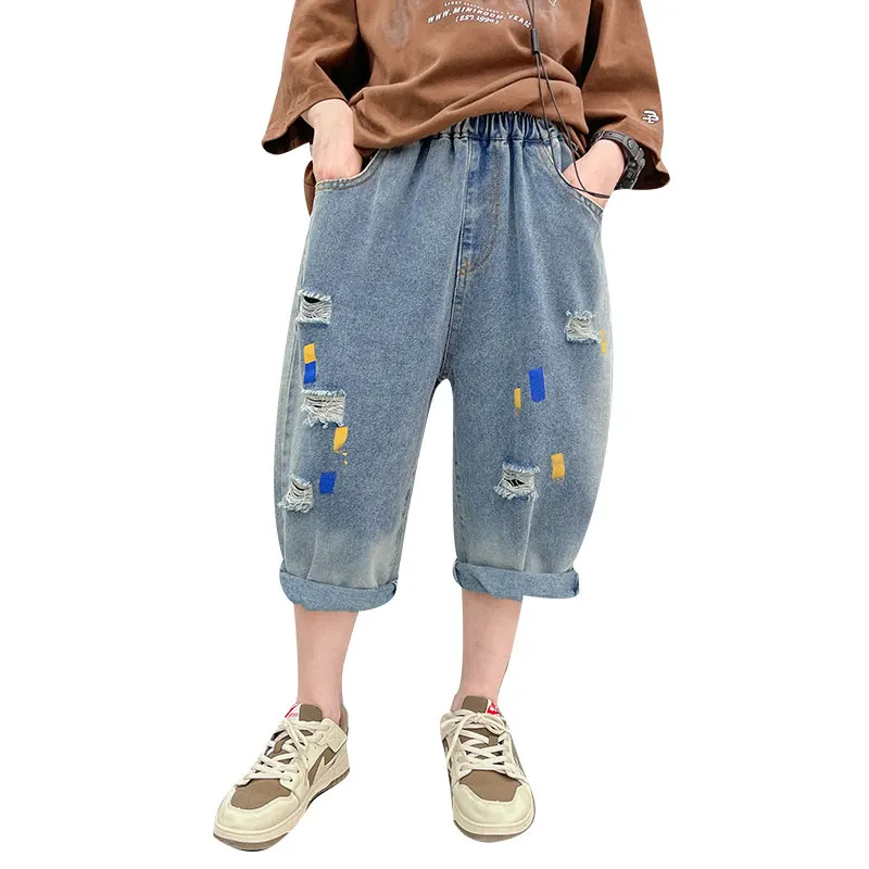 

Teen Boys Shorts for Kids Summer 2024 Fashion Capri Trousers with Broken Hole Korean Children Denim Shorts Ripped Jeans 4-14Year