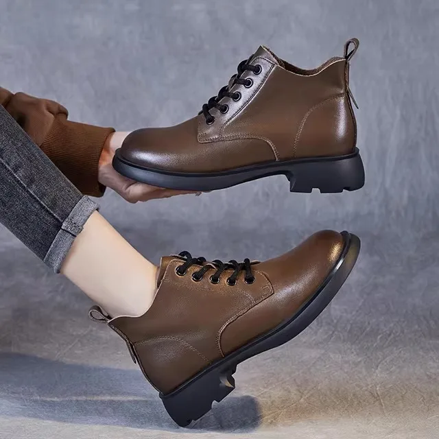 

British Style Boots Women's Ankle High Thin Leather Boots round Toe mid Heel Rubber Sole All Season Booties
