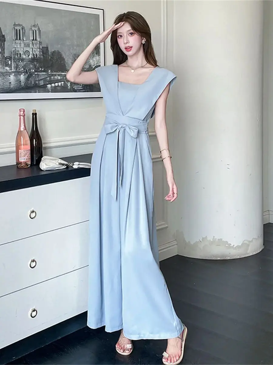 Solid Blue/Black Classy Jumpsuit For Elegant Woman 2025 Summer Fashion Square Collar Short Sleeve Lace-up Formal Jumpsuit