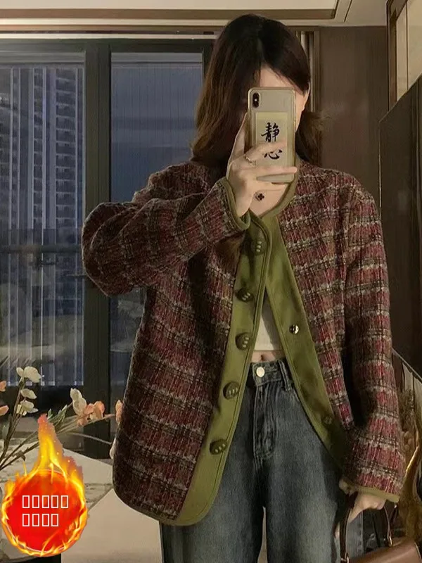 

Korean Sle Color Blo Plaid Deer Skin Velvet Patchwork Cotton Jaet Women Winter New Small Fraance Wind Knitted Thien...