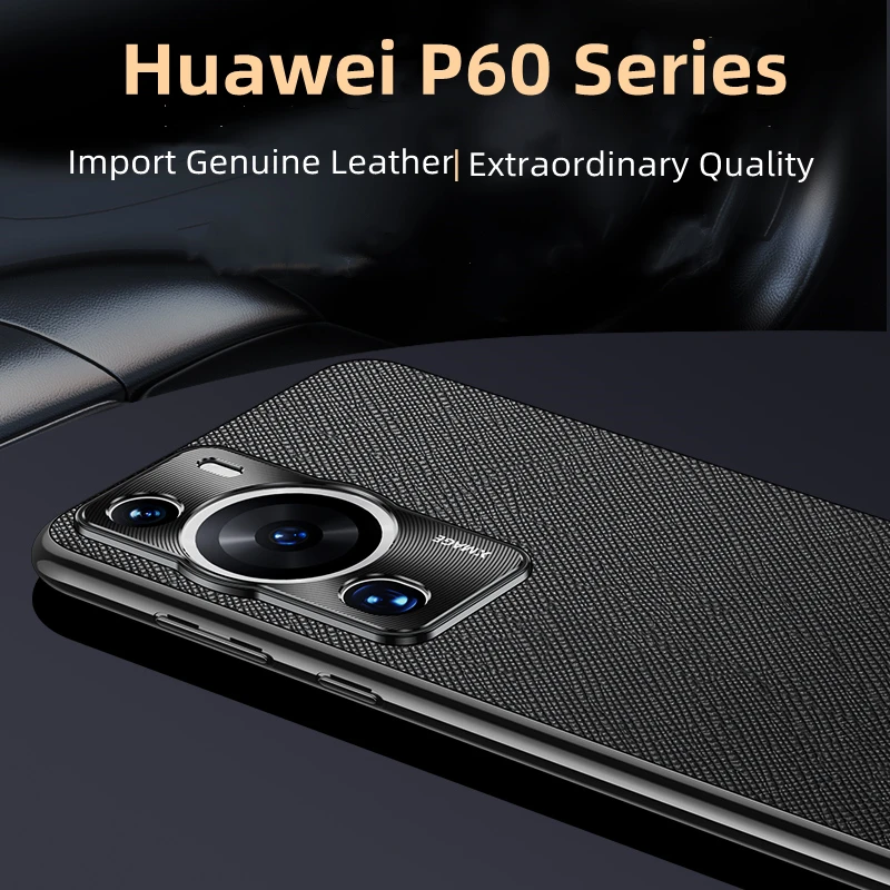 Étui de luxe en cuir véritable à motif croisé pour Huawei P50/P50 Pro/P60/P60 Pro/P60 Art/Nova 11 Ultra, housse de protection d'objectif en métal