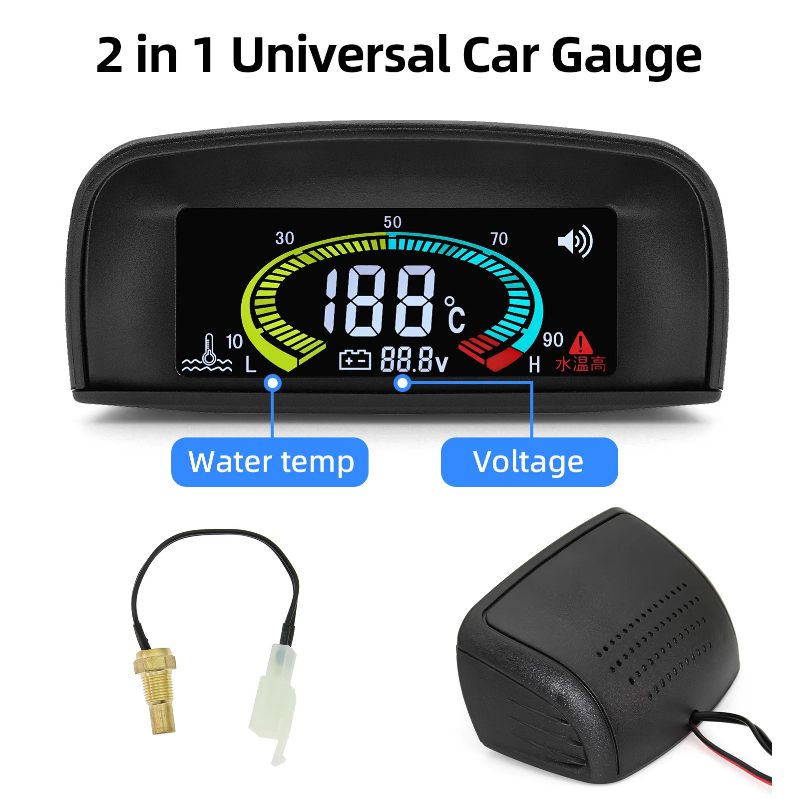  12v 24v Car Truck Water Temperature Gauge + Voltmeter Water Temp Sensor 10mm Voltage Gauge with Alarm 2 In 1 Meter Sunshield 