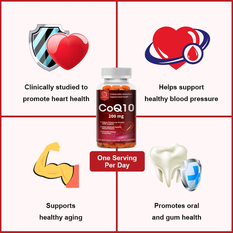 BBEEAAUU 120PCS High Potency Coenzyme Q10 โซท์เจล,มังสวิรัติส่งเสริมหัวใจและหลอดเลือด & สุขภาพหัวใจให้พลังงานสนับสนุน