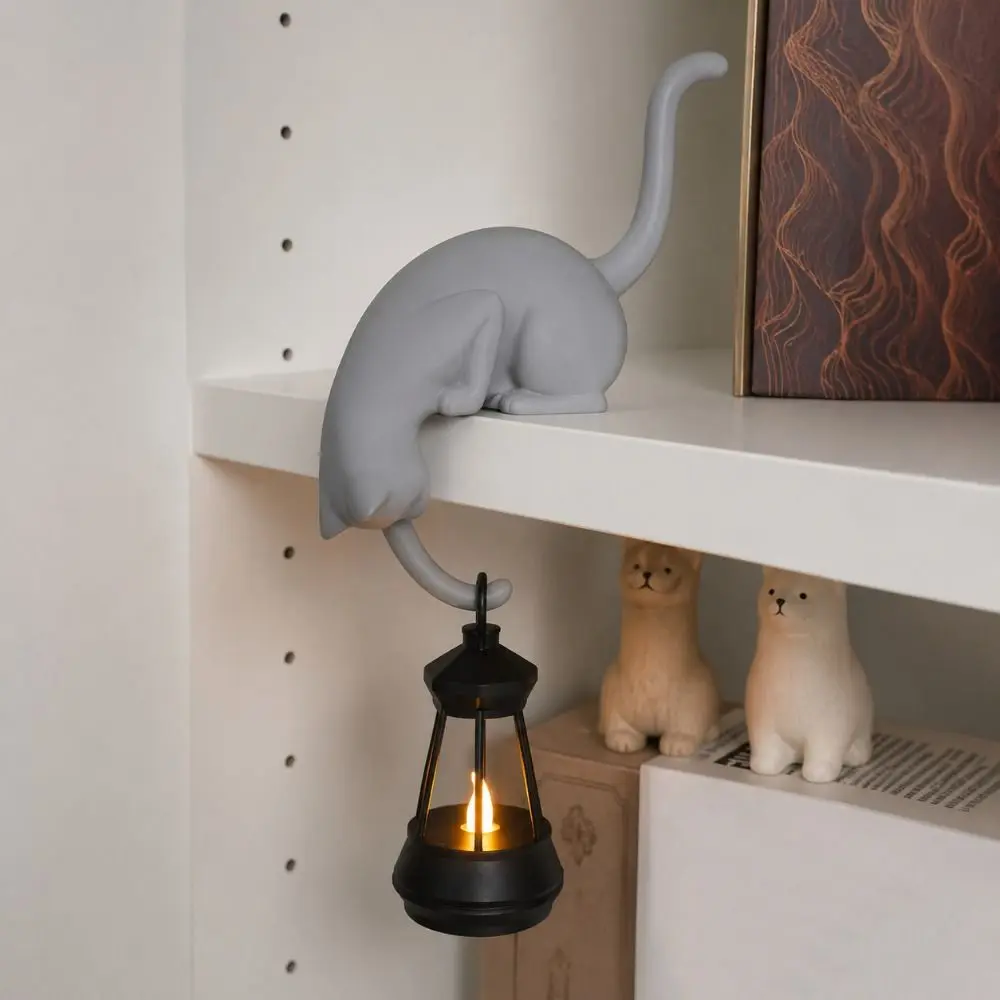 3D Printed Cat-Shaped Wall Hook Inverted Hanging Cute Wall Key Rack with Lantern Funny Wall Hanger Ornaments Desktop Decor