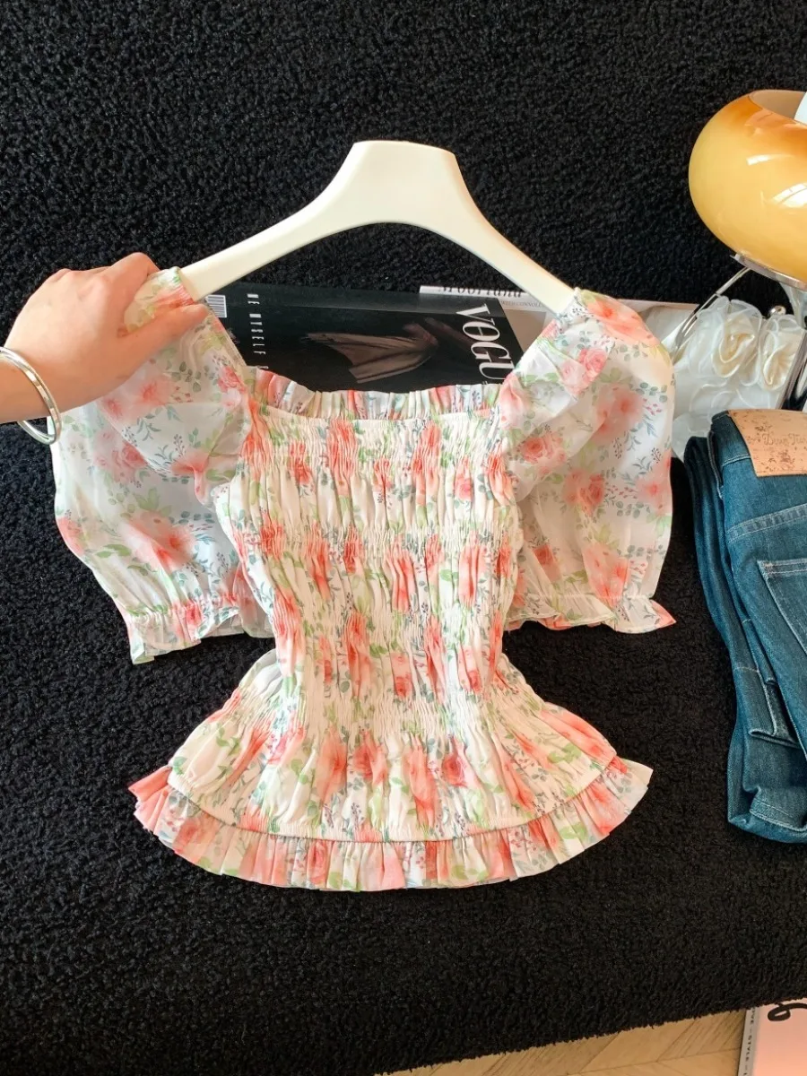 

Женская летняя новинка: укороченный топ с одним открытым плечом, приталенный, с рюшами и короткими рукавами-фонариками, в стиле Sweet And Spicy Girl