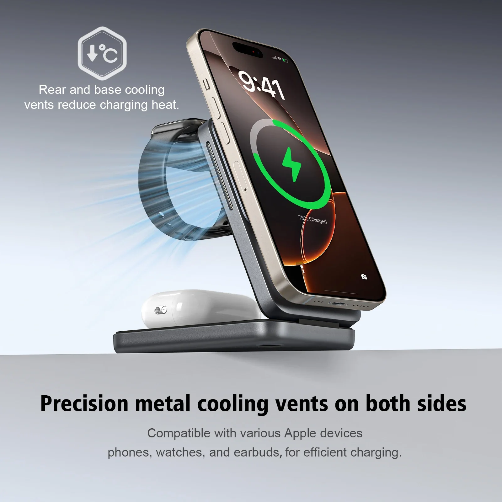 Foldable 3 in 1 Magnetic Wireless Charging Desktop Stand for iPhone 17~12 Apple Watch 11~2 SE AirPods Pro Fast Charging Station
