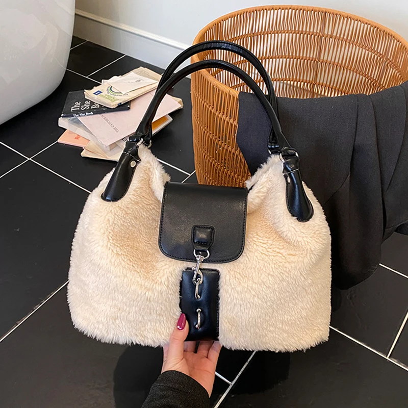 

Top Branded Handbag And Purse Designer Faux Fur Shoulder Bag For Women Fashion Fluffy Plush Underarm Tote Winter Sac A Main