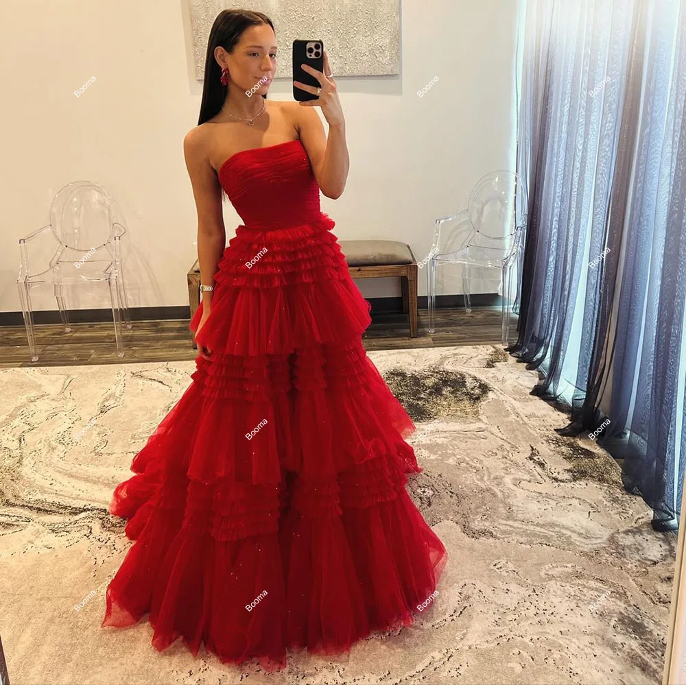 Booma Red A-Line Prom Dresses Strapless Tiered Tulle Graduation  Party Gowns High Side Slit Formal Evening Dress for Women