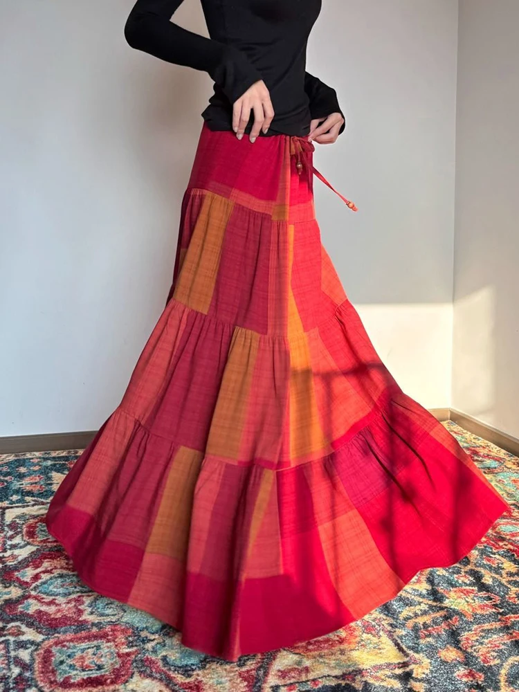 

Retro Bohemian Long Skirts Women Plaid Patchwork High Waist Design Skirt Casual Loose American Vintage A Line Skirts New