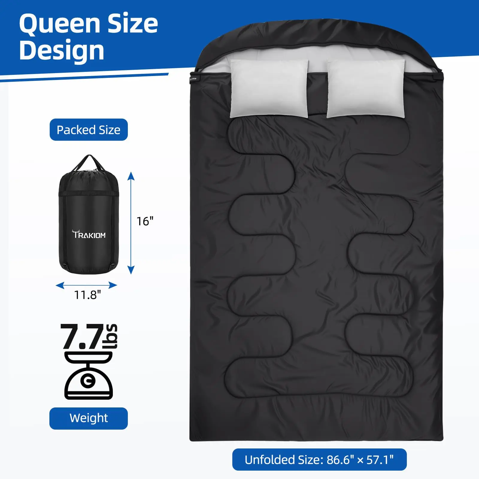 TRAKIOM Double Sleeping Bag with 2 Pillows, Warm Sleeping Bags for Adults FOR HIKING, CAMPING, TRAVELIN