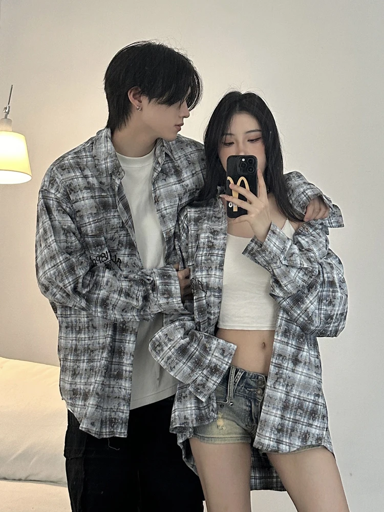 Casual Plaid Long Sleeve Loose Fit Men's Shirt Couple's Outfit Autumn Fashion Dyeing Print Youth Style Versatile Unisex Top