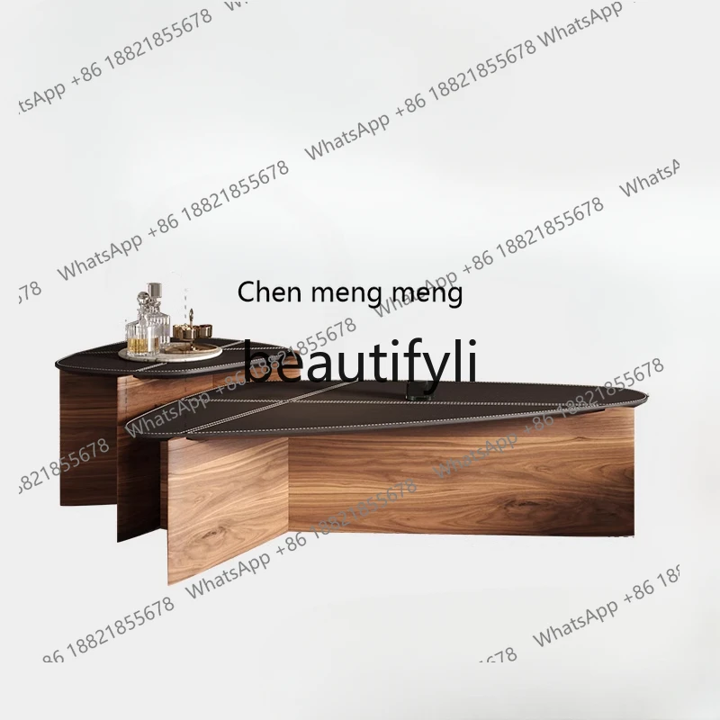 

Italian minimalist solid wood leather coffee table combination modern simple special-shaped coffee table side living room H
