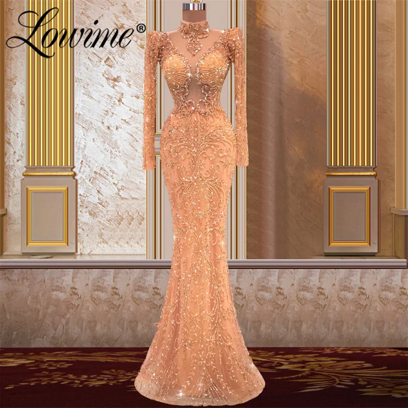 

Lowime 2022 Sparkly Pink Evening Dresses Robes De Soirée Long Sleeves Mermaid Beaded Formal Dresses For Women Party Gowns Custom