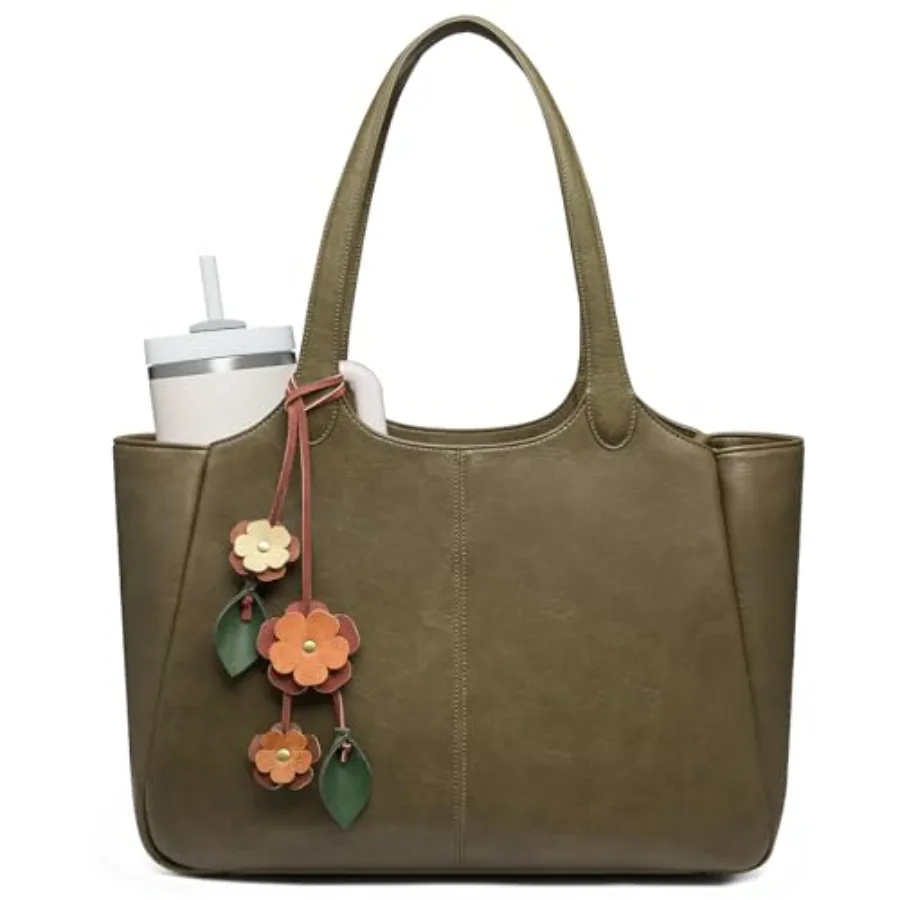 

LOVEVOOK Tote Bag for Women Leather Vintage Work Bag with 40oz Cup Holder Nurse Teacher Shoulder Bag Roomy 6 Pockets Leak-resis
