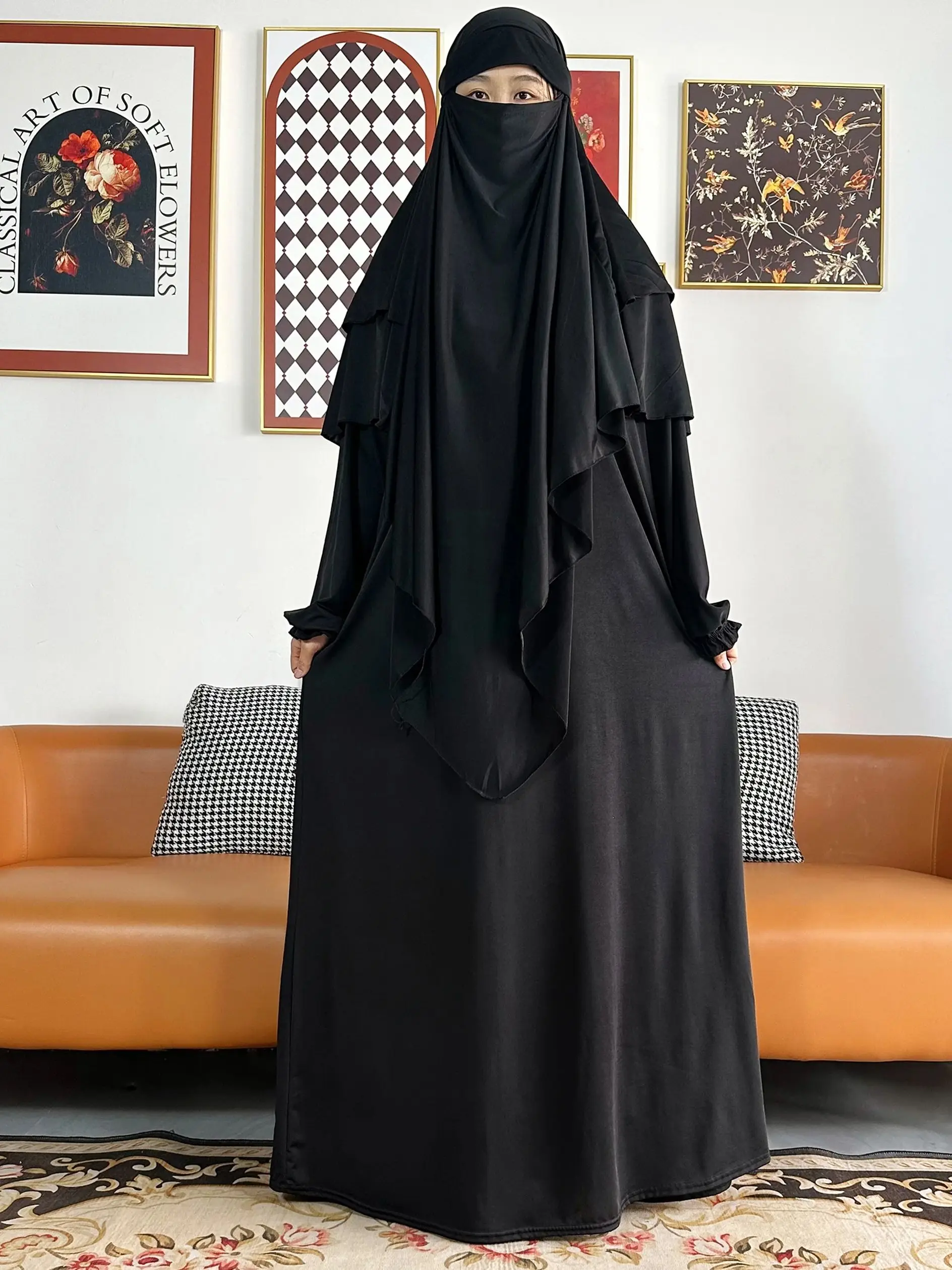 2 Pieces Set Abaya Khimar Set High Quality Nida Muslim Women Long Sleeve Two Piece Prayer Hijab Dress Islamic Clothing