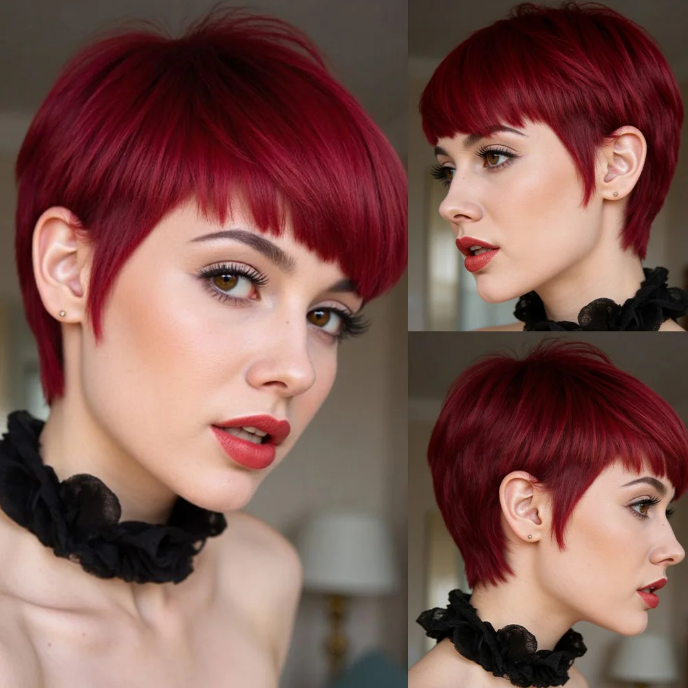 

Розово-красные волосы, короткие стрижки пикси, прямые человеческие волосы, парик для женщин, полностью машинное производство, многослойная челка, парик из человеческих волос