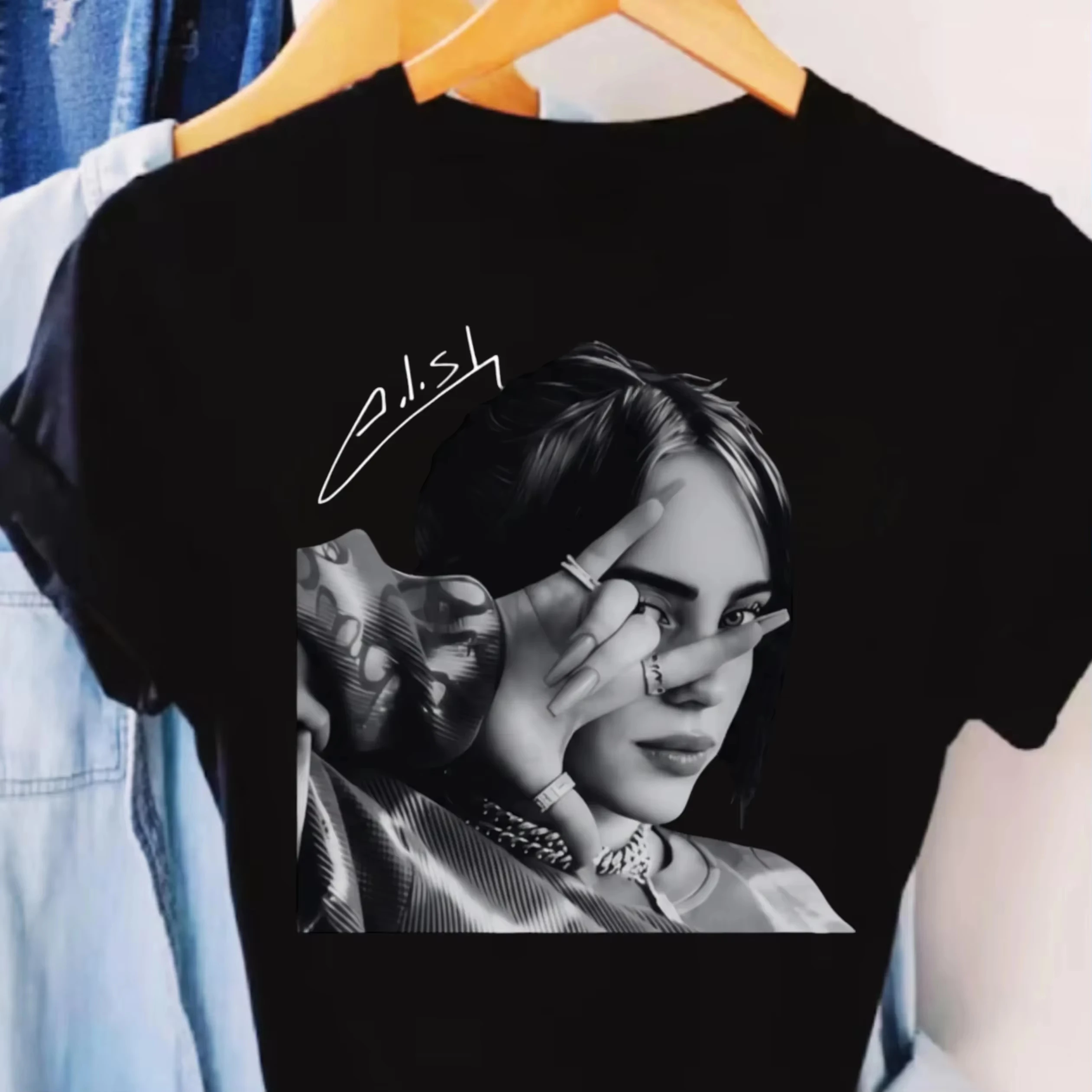 Singer Billie Eilish Portrait T-Shirt Cotton Men's Summer Women's Hip Hop Short Sleeve Tshirt Unisex