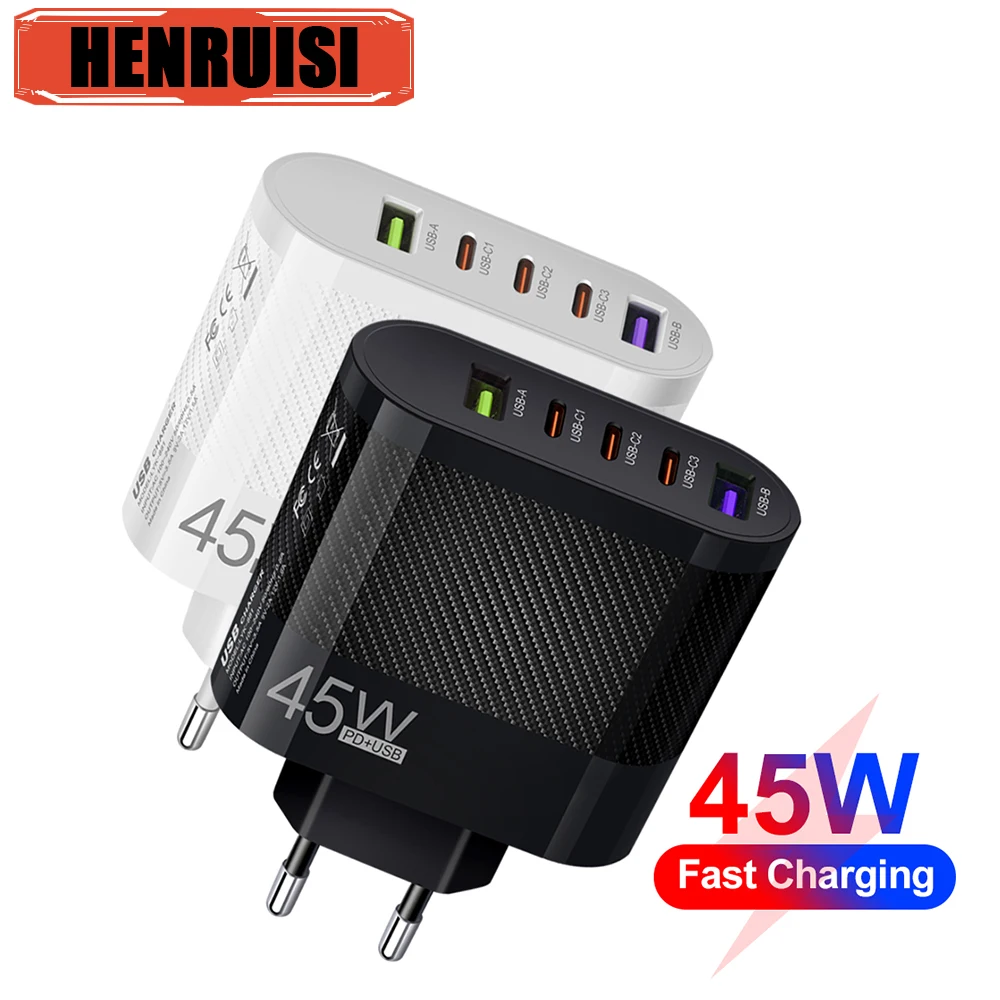 

45W USB 5 Ports Charger Fast Charging Mobile Phone for IPhone 15 14 Pro Xiaomi Samsung Oneplus Adapter for US/EU/UK plug Charge