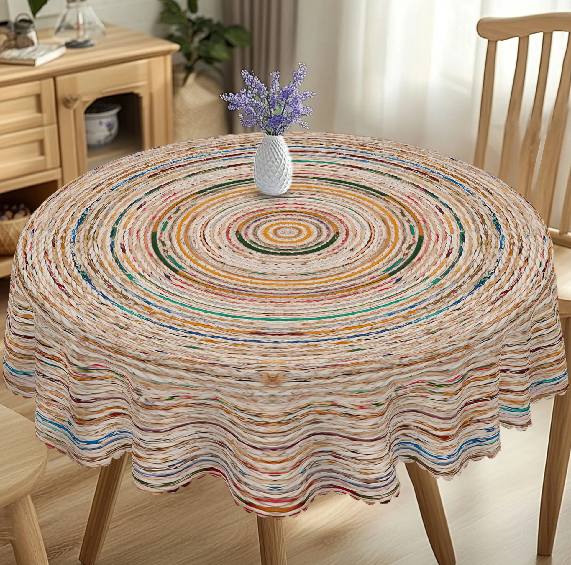 1 Piece of Bohemian Woven Pattern Printed Round and Rectangular Tablecloth, Available in Various Sizes, with a Dynamic Rainbow-Colored Ring Interwoven with a Natural Off-White Base, Featuring a Vintage Texture Paper-Woven Pattern, with Embossed Edges, Suitable for Home Dining Rooms, Garden Picnics, and as a Four-Season Home Decor Item, Bohemian Style Decoration