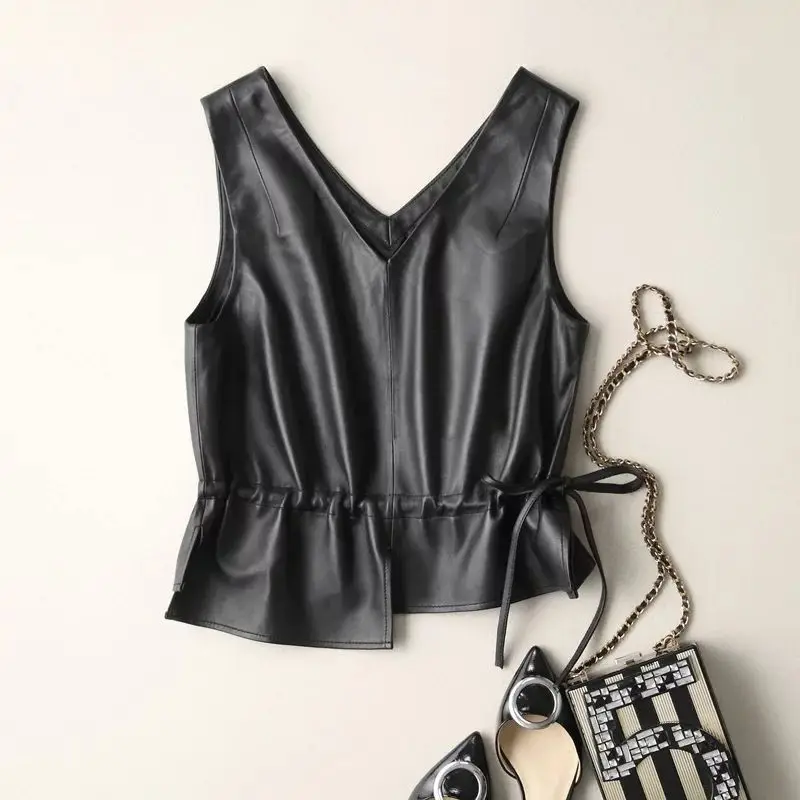 2024 New Sexy Leather Vest Women Coat V Neck A Line Slim Party Club Elegant Jacket Sleeveless Feminino Jackets for  J114