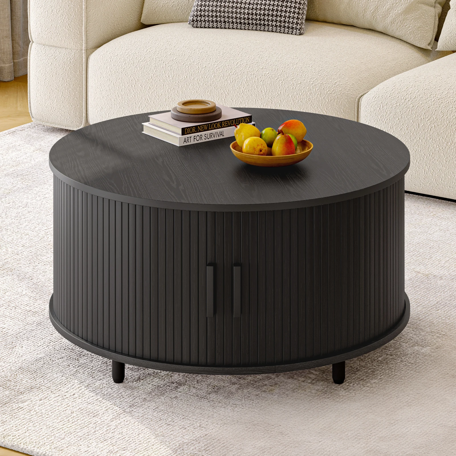 Round Coffee Table with Storage, 31.5 In Drum Coffee Table with 360° Curved Sliding Door, ModernFluted Wood Accent Coffee Tablee