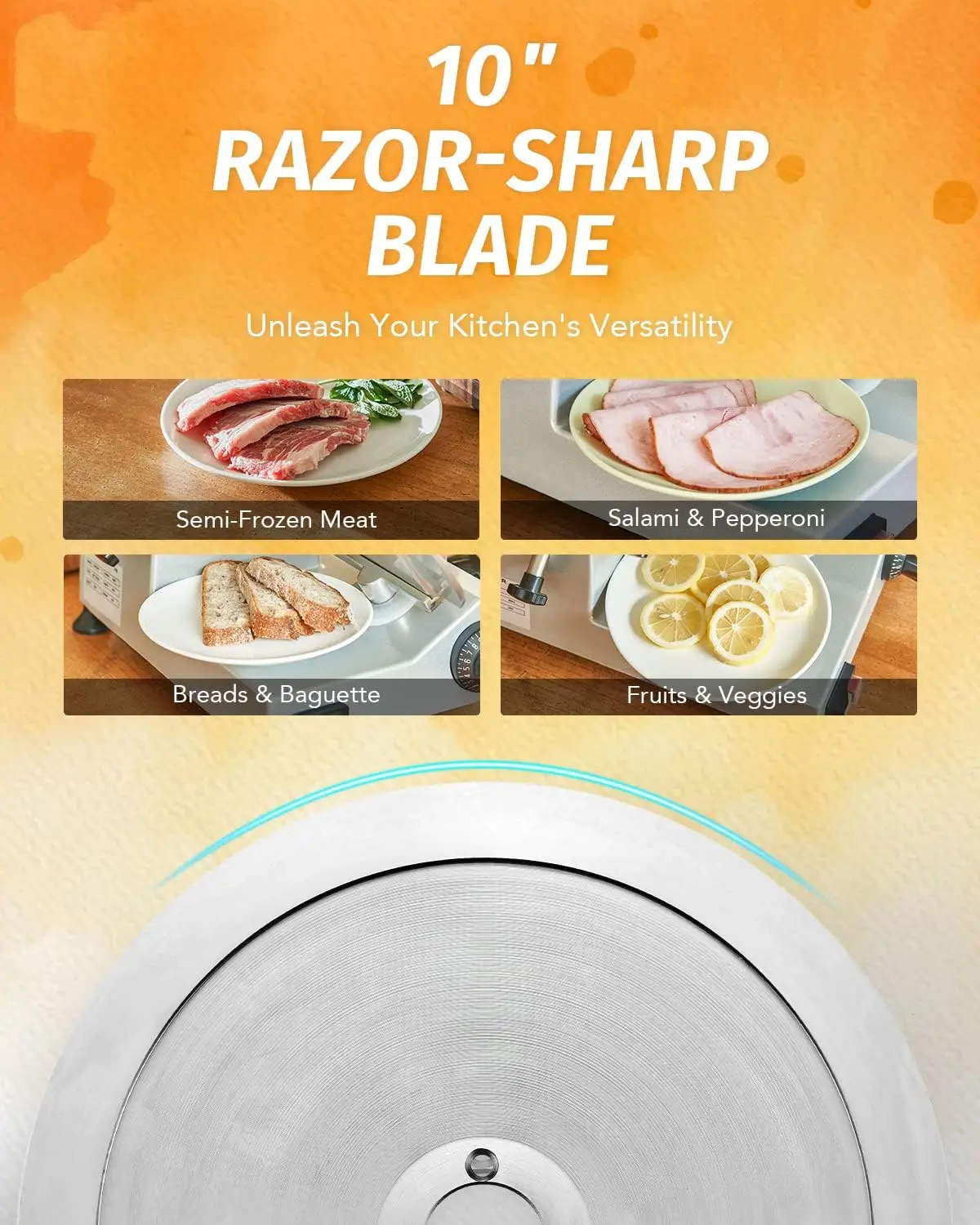 10-Inch Stainless Steel Blade Meat Slicer with Adjustable Thickness(0-0.5"), Bread Butter Chicken Food Slicer Kitchen Appliance