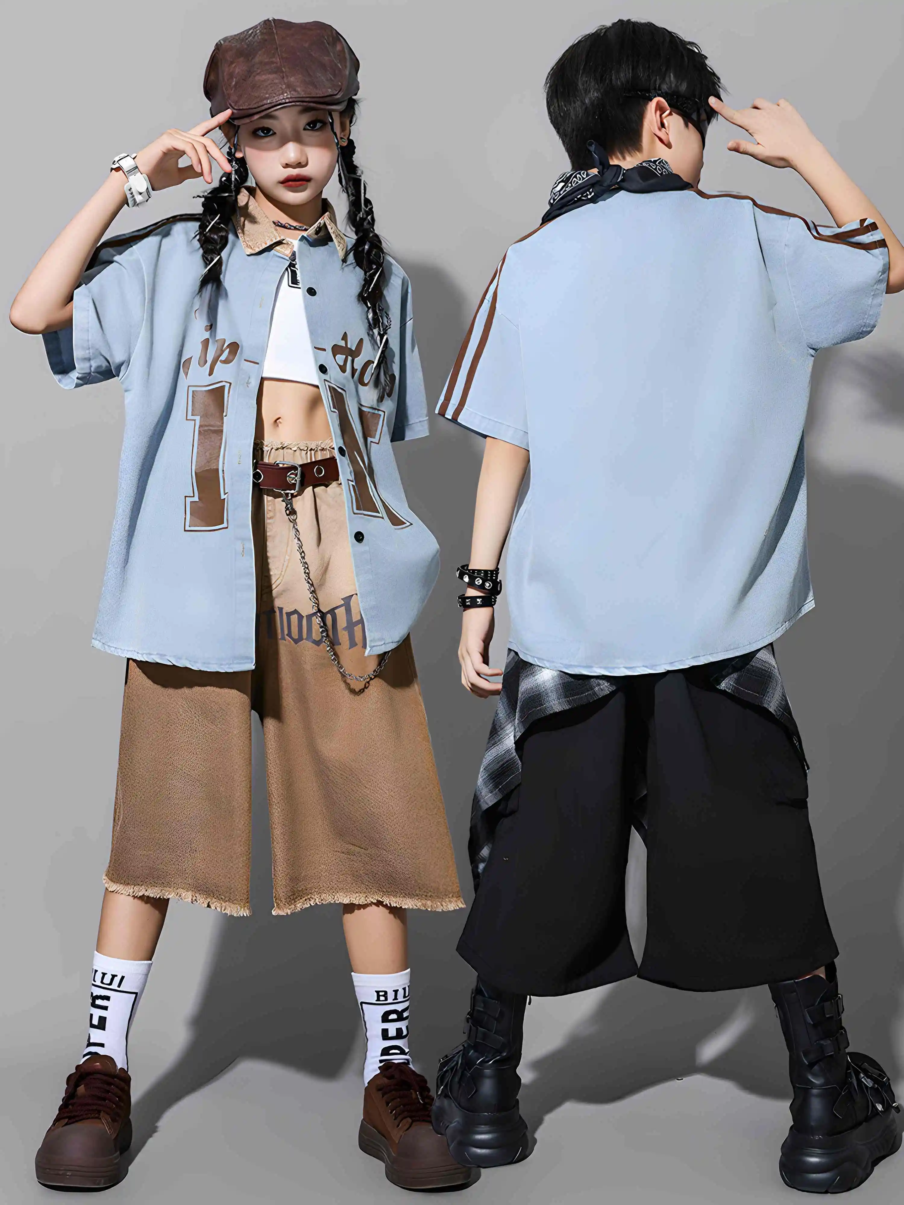 Girls Hip Hop Dance Costume Boys Denim Shirt Short Sleeves Kids Fashion Street Clothing Modern Jazz Dance Outfit Kpop BL16432