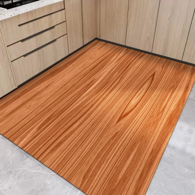 Wood Grain Pattern Kitchen Carpet Waterproof Oil-proof PVC Rug Light Luxury Anti-slip Anti-scratch Floor Mats Cutable Floor Mats