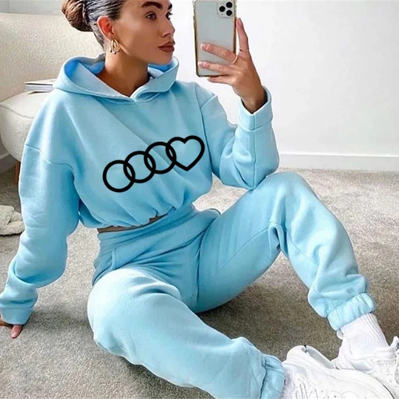 Womens 2 Pieces Suit Hooded Print Pullover Tracksuit Set Drawstring Short Sweatshirts Casual Sweatpants Jogging Home Clothing