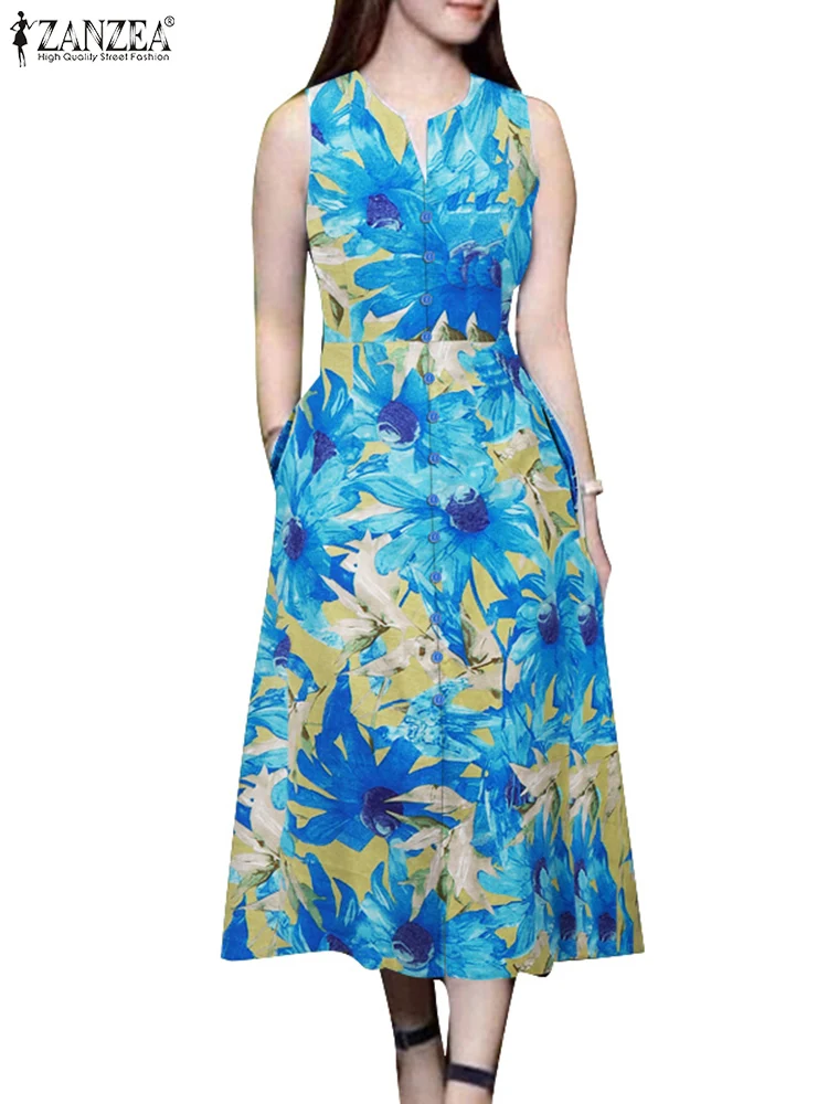 2025 Vestito estivo da donna ZANZEA Elegante stampato Party Holiday Dress Elegante scollo a V senza maniche Midi Abiti Robe Femme Caftano
