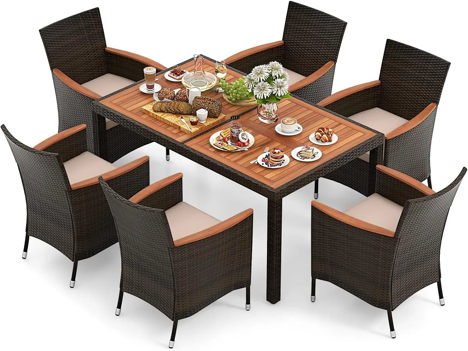 7 Pieces Outdoor Wicker Dining Set, Patio Dining Furniture Set with Acacia Wood Table and 6 Armchairs, Outdoor Table&Chairs Set