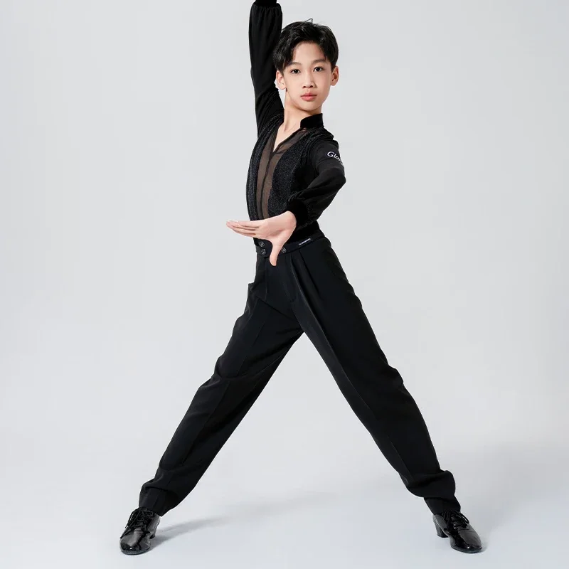 Costume de danse latine pour garçon, haut en maille noire à col en v, ensemble de pratique Rumba Samba, salle de bal pour enfants, vêtements de compétition Cha XH1763