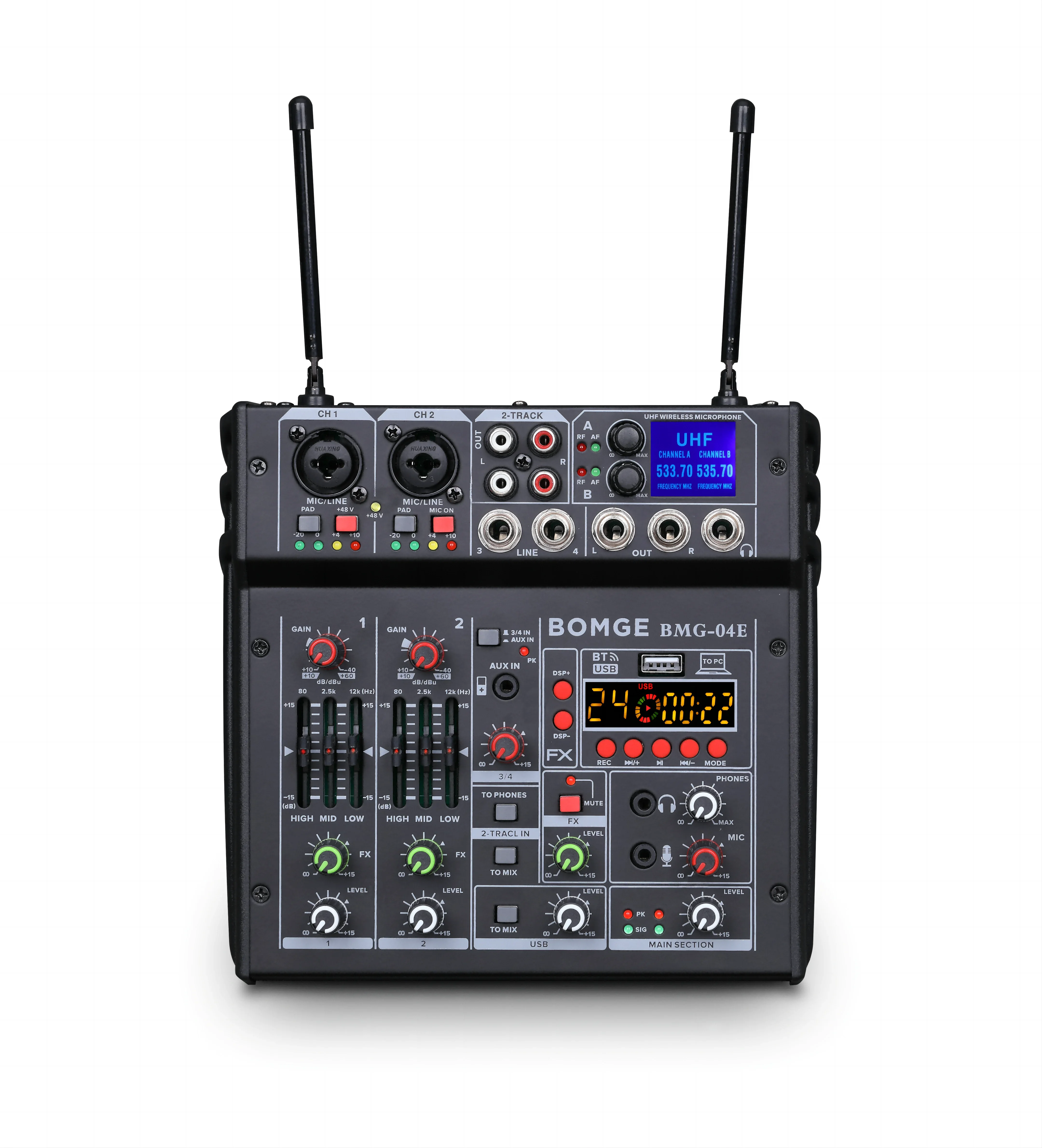 BMG-04E professional portable mixer with 2 wireless frequency adjustable microphones suitable for DJ karaoke live streaming