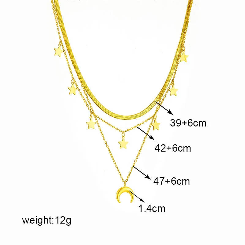 OIMG 316L Stainless Steel Gold Plated Multilayer Chain Moon Star Tassel Pendant Long Necklace For Women Party Jewelry Waterproof