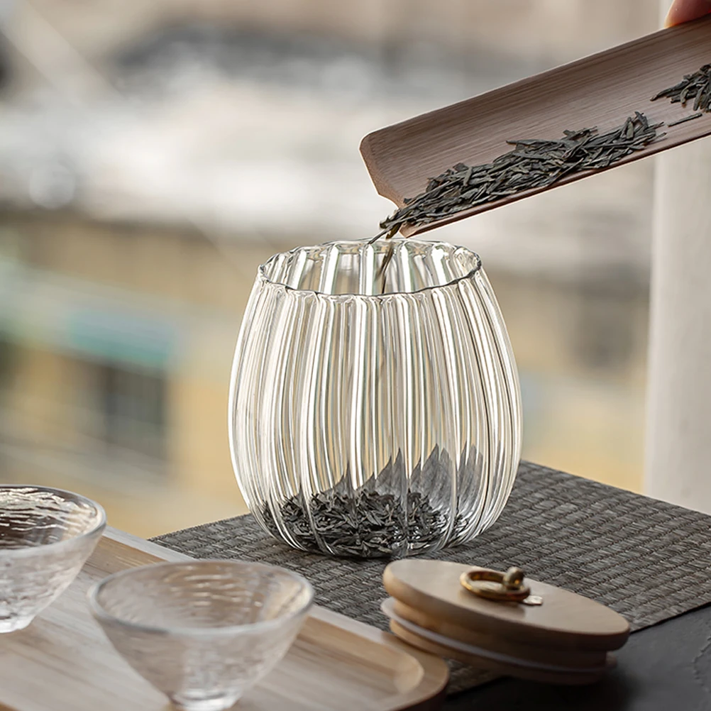 

Glass Tea Leaf Jar with Lid Sturdy Striped Design Airtight Container for Tea Coffee Sweets Dry Food Household Kitchen Storage