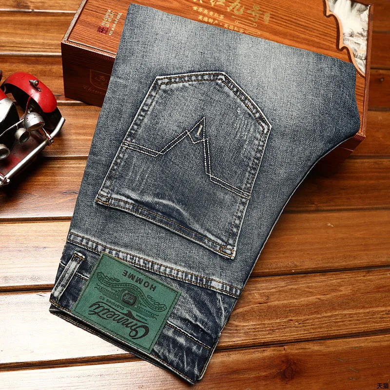 

Vintage Blue Jeans Men's Classic Versatile Work Business Trends Loose Elastic Pencil Pants Embroidery Washed Men's Trousers