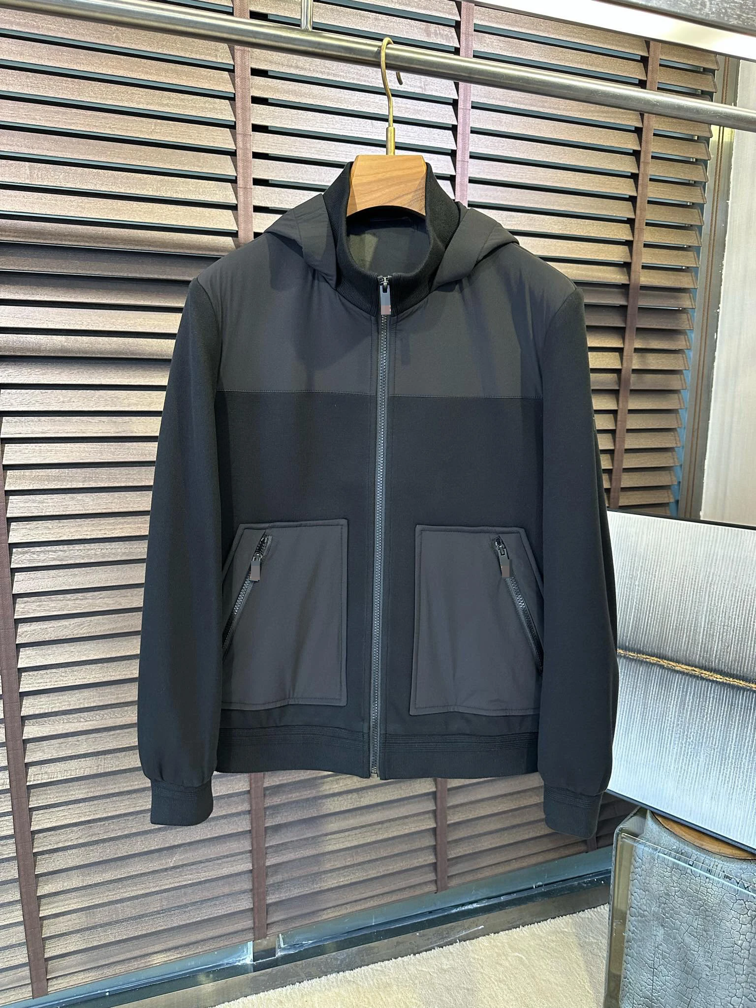 2025DIKU men's new stand up collar hooded jacket made of environmentally friendly technology fabric and wool knitted fabric