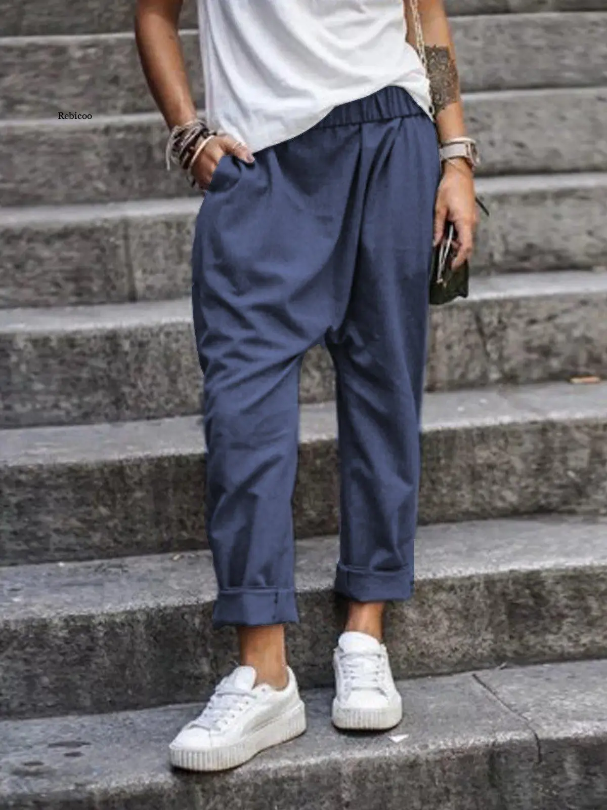 

Women Pants Loose Female Trousers Summer Solid Casual Pockets High Waist Pants Female Elastic Waist Harem Pants 2022 New