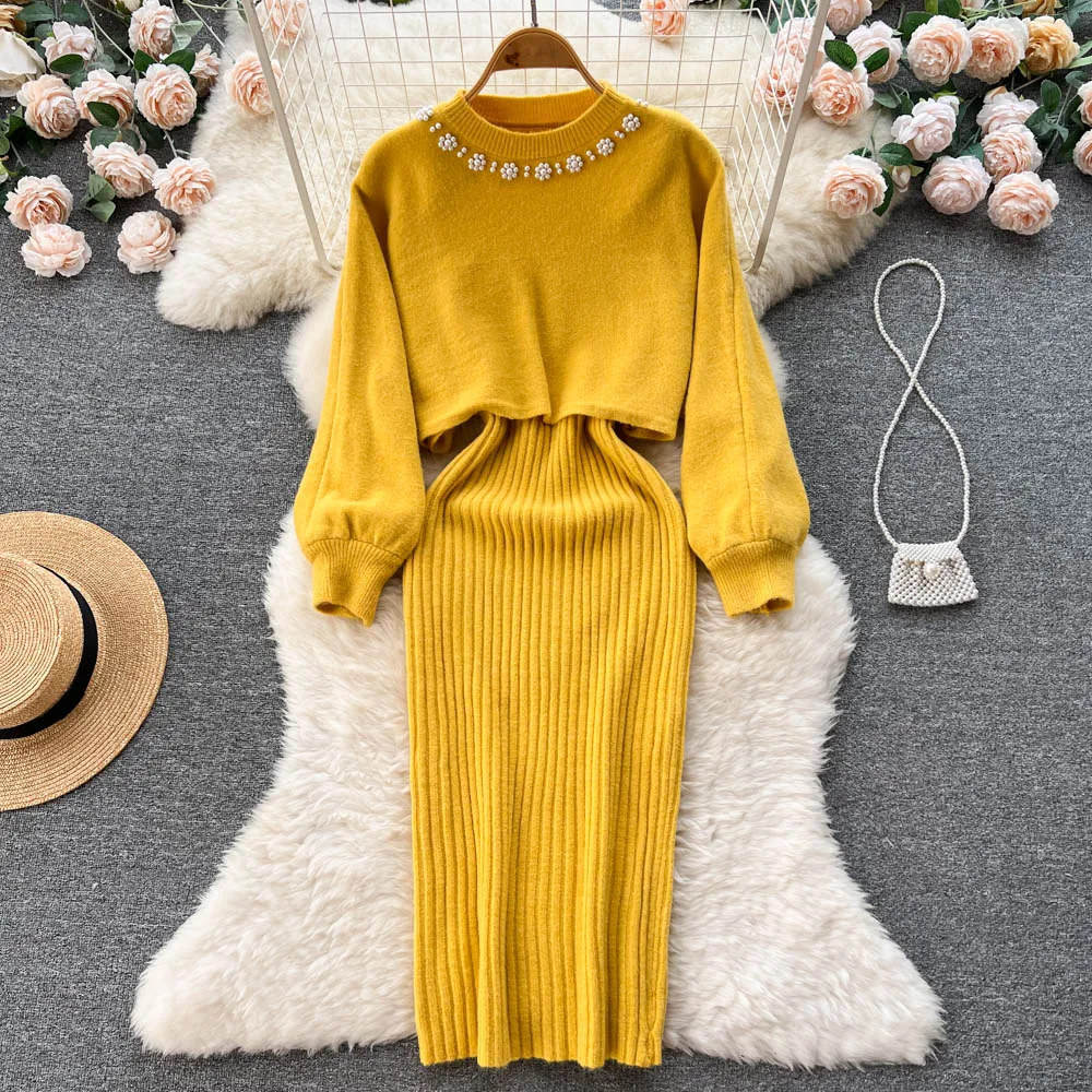 Neue Frauen ärmelloses Kleid gestrickt zweiteilig Set Mode Perlen Perle Langarm Croppde Sweater Schal gestrickt Camis Kleid Sets