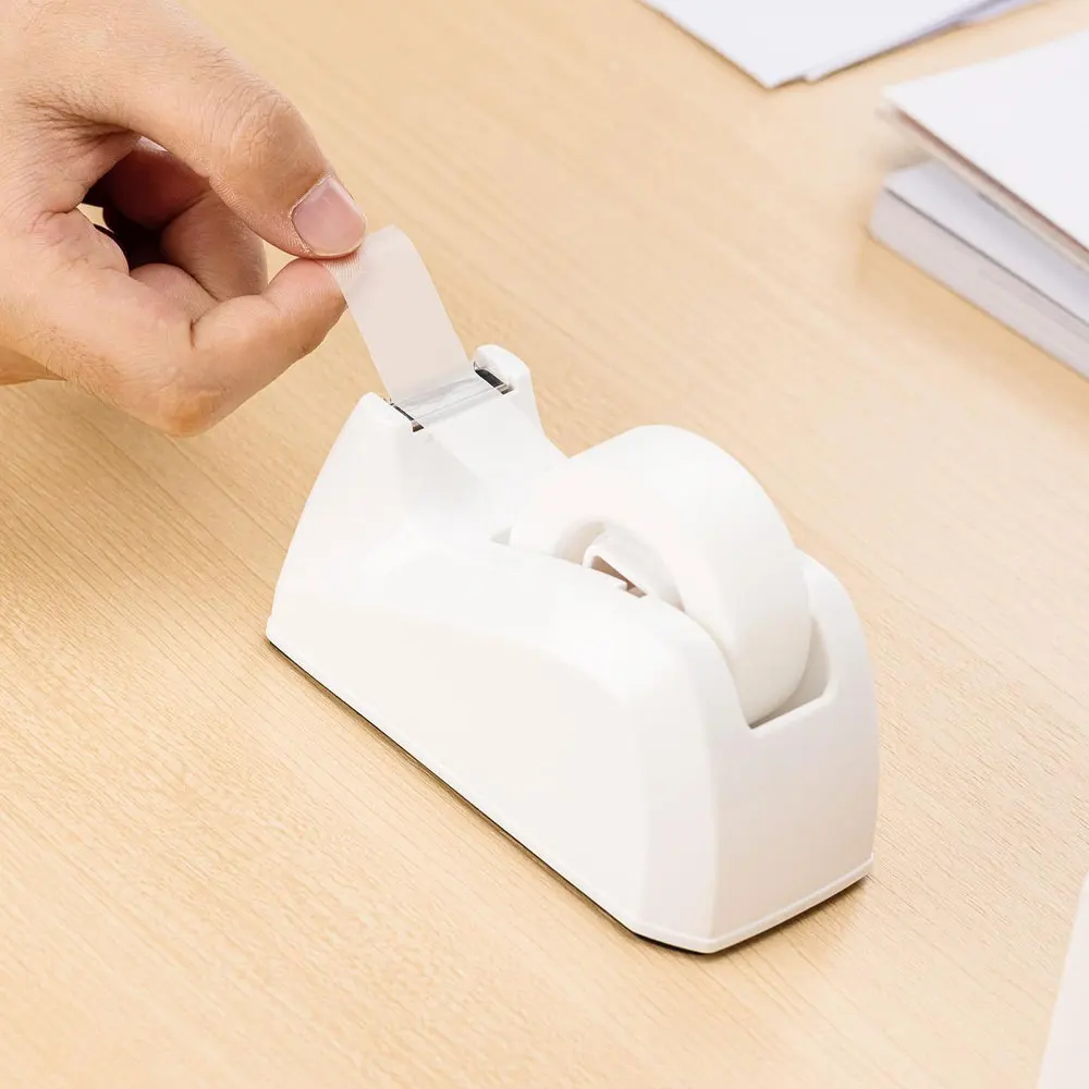 "Effortless" Compact White Pieceaging Tape Dispenser With Stainless Steel Cutter - Portable, Non-Slip Office Stationery Holder