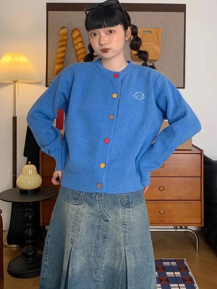 

Retro Embroidered Dog round Ne Knitted Open Cardigan Women's Early Autumn Youthful Loose Versatile Slimming Sweater Jaet