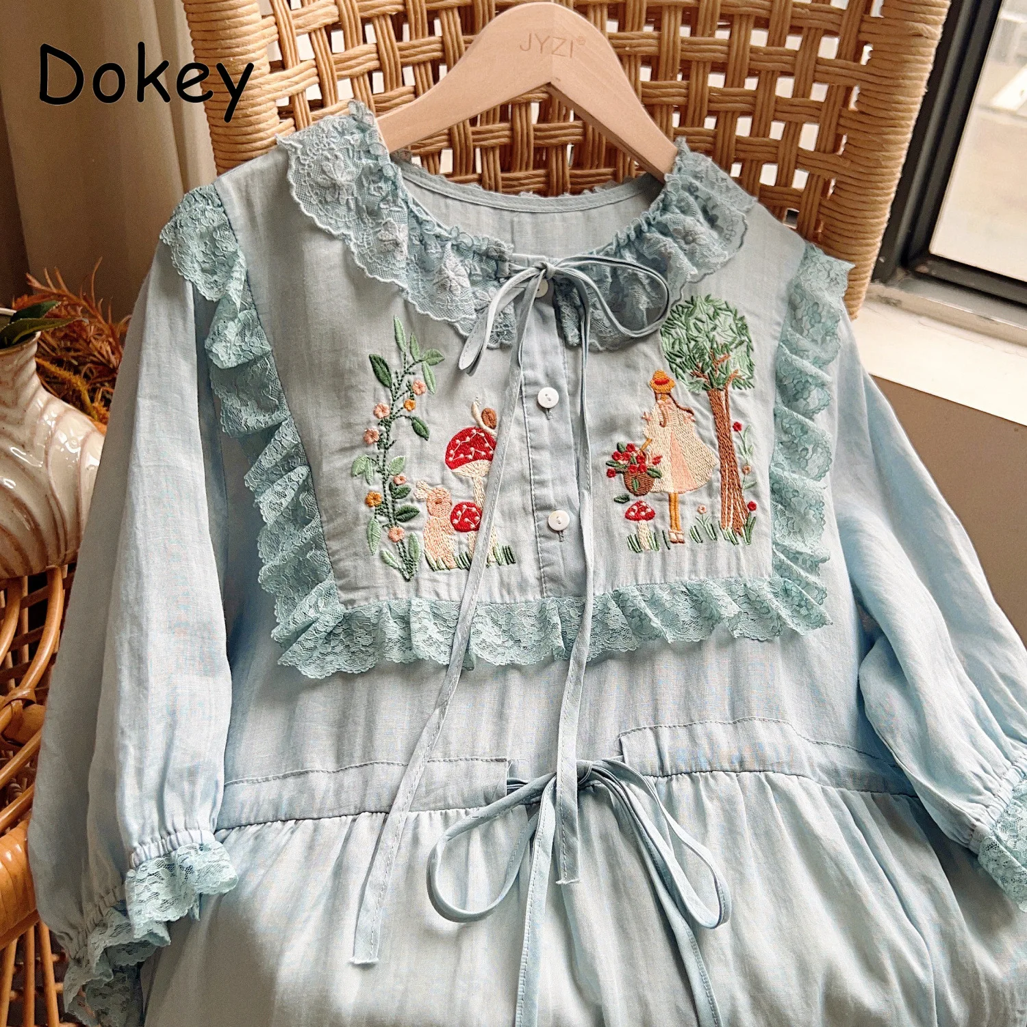 Dolce Vintage ricamo bambola collare vestito donna estate giapponese Mori ragazza Lace-up arruffato manica a sbuffo allentato abito Kawaii Lolita